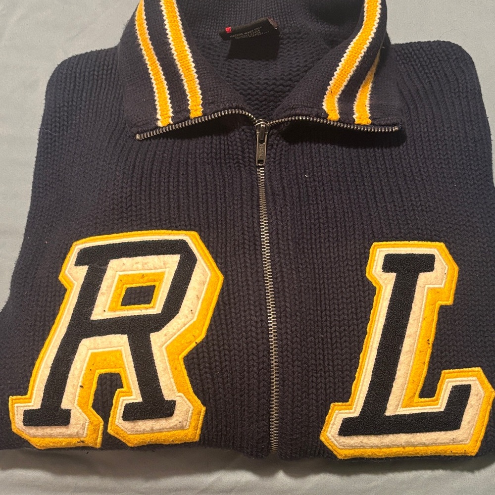 Navy Zip-Up Sweater with Yellow Accents